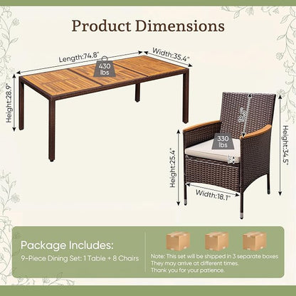 Greesum 9 Pieces Outdoor Patio Dining Set, Conversation Sets with 1 Table and 8 Rattan Chairs with Curved Acacia Wooden Armrests and Cushions, Brown