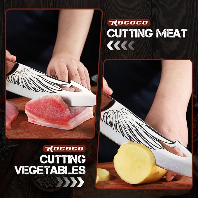 ROCOCO Cleaver Knife for Meat Cutting Butcher Viking Boning Knife Hand Forged In Fire Chopping Cutter with Sheath Outdoor BBQ Camping Birthday Christmas Chef Gift Idea Men 8.4"