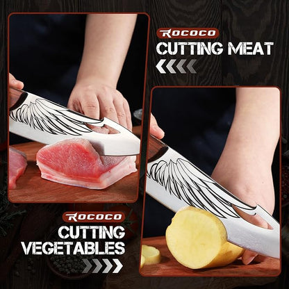 ROCOCO Cleaver Knife for Meat Cutting Butcher Viking Boning Knife Hand Forged In Fire Chopping Cutter with Sheath Outdoor BBQ Camping Birthday Christmas Chef Gift Idea Men 8.4"