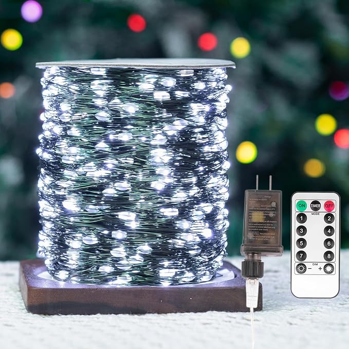 660FT 2000LEDs Fairy Lights Plug in,Green Wire,Cool White | Waterproof Led String Lights,8 Modes Remote Twinkle Light for Outdoor Indoor Christmas Wedding Birthday Garden Decorations