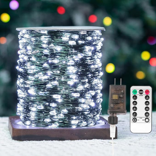 100FT 300LEDs Fairy Lights Plug in,Green Wire,Cool White | Waterproof Led String Lights,8 Modes Remote Twinkle Light for Outdoor Indoor Christmas Wedding Birthday Garden Decorations