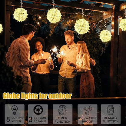 Outdoor Christmas Balls Lights Tree Lights Waterproof, 4 Pack 7.87" LED Hanging Globe Sphere Lights with 8 Lighting Modes Memory Timer Plug for Party Wedding Xmas Porch Patio Garden Yard Decorations