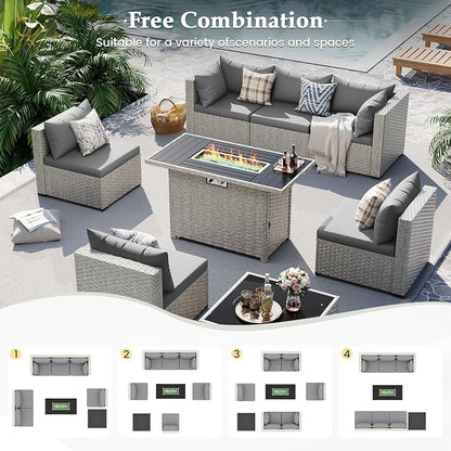 UDPATIO Patio Furniture Set with Fire Pit Table, 8 Pcs Outdoor Sectional Sofa, PE Wicker Patio Conversation Set for Garden, Backyard (Grey Cushions with Light Grey Rattan)