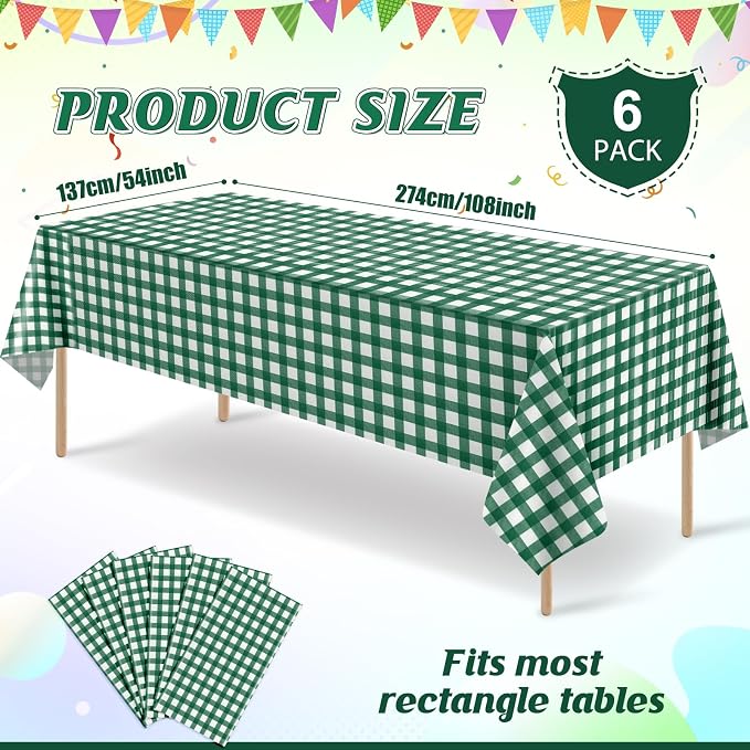 6Pcs Dark Green Gingham Tablecloths, Checkered Party Table Covers 54x108 In | Green and White Checkered Golf Tablecloths, Disposable Waterproof for Golf Camping Barbecue Birthday Party