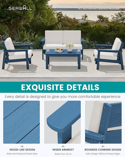 SERWALL HDPE Outdoor Patio Loveseat, Blue Frame and Grey Cushion