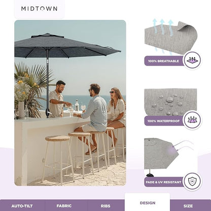 Midtown Umbrellas – The Lean 10 Ft Patio Umbrella with 10-Year-No-Fade Acrylast Acrylic Fabric, Auto-Tilt and 8 Reinforced Ribs for Deck, Pool, Garden, Hotel & Cafes – Stonecast Grey Canopy, Black Pole