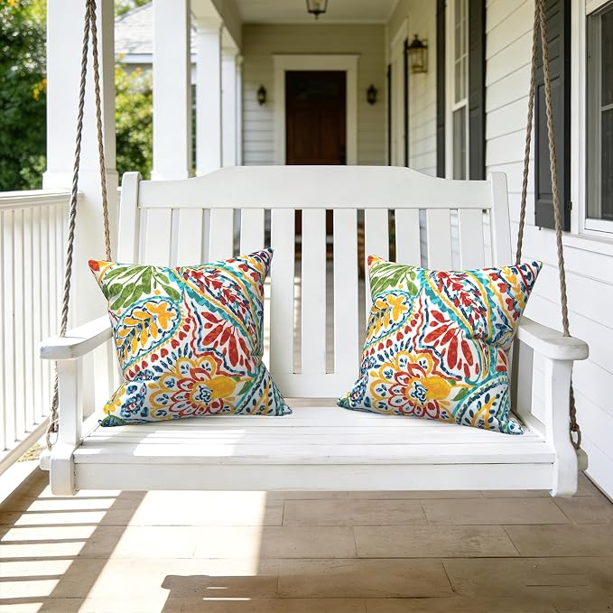 LVTXIII 2 Pack Outdoor Throw Pillow Covers for Patio Furniture, 16x16 Inch Square Pillow Case, Water-Repellent Cushion Covers for Garden, Porch, Sofa, Paisley Multi