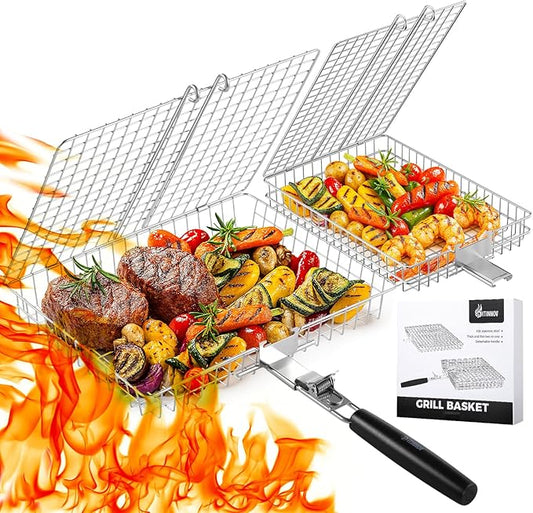 Nesting Grill Baskets, 2PCS Grilling Baskets for Outdoor with Removable Handle, Stainless Steel BBQ Camping Cooking Accessories Tools for Meat Steak Fish Vegetable Shrimp, Gifts for Men Dad Husband