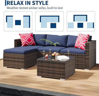 5-Piece Outdoor Sectional Sofa Set, All-Weather PE Rattan Patio Furniture with Ottoman & Tempered Glass Table, Convertible Garden Couch for Backyard, Porch, Poolside (Brown/Dark Blue)