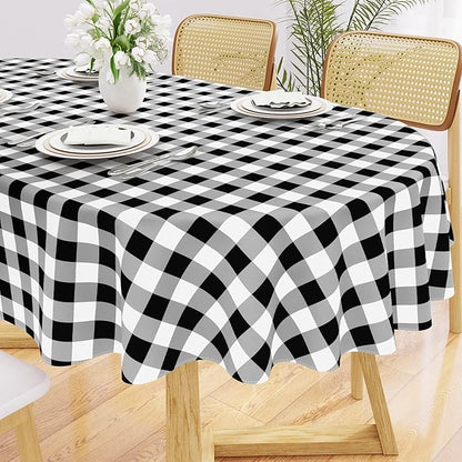 Smiry Oval Table Cloth, Vinyl Tablecloths with Flannel Backing, 60"x84" | Waterproof Picnic Table Cloth, Wipeable Buffalo Plaid Table Cover for Indoor and Outdoor (Black & White)