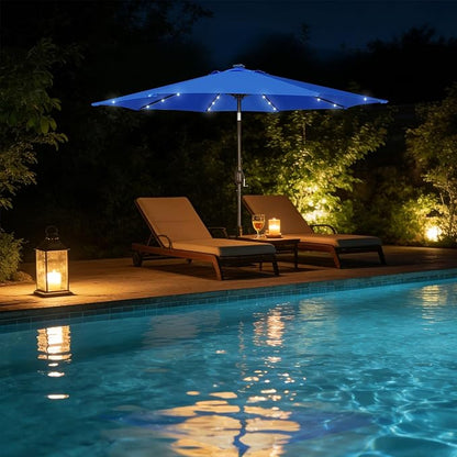 Blissun 9 ft Solar Umbrella, Patio Umbrella with 32 LED Lights, Table Market Umbrella, Outdoor Umbrella for Garden, Deck, Backyard, Royal Blue