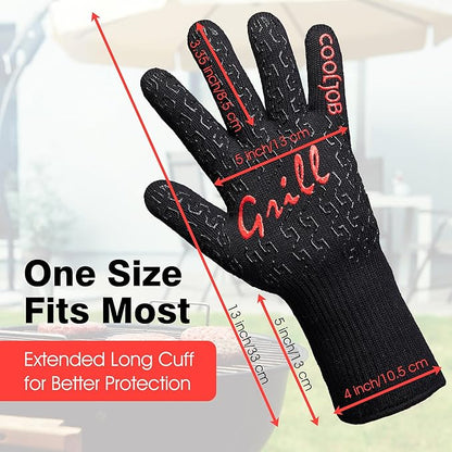 COOLJOB Heat Proof Resistant BBQ Oven Smoker Gloves, Reinforced Thick Aramid for Grill Up to 1472℉, Non-Slip Silicone Grippy Gloves for Cooking Meat, Bread or Hot Pizza in Kitchen, One Size