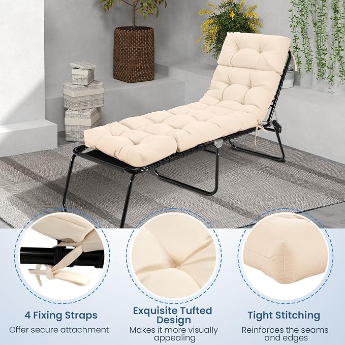 Tangkula Chaise Lounge Cushions Outdoor, 73 x 22 Inch Patio High Back Recliner Cushion with 4 String Ties, 4” Thick Padded Lounge Chair Cushion Replacement for Outdoor Indoor Furniture (1, Beige)