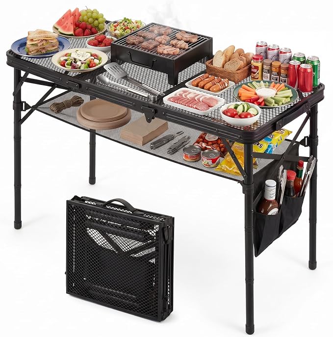 Folding Grill Table, 34"x16" Portable Camping Table with Storage Pocket, Heat Resistant & Waterproof Outdoor Picnic Table, Sturdy Lightweight for Travel Cooking BBQ, Camping, Backyard