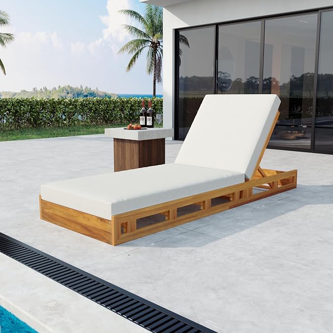 Merax Patio Chaise Lounge with Adjustable Backrest & Cushion, Acacia Wood Recliner Chair with Teak Finish for Backyard Pool Garden