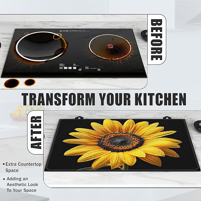 Electric Stove Top Cover,Sunflower Stove Cover for Glass Top Electric Stove,Spring Floral Heat Resistant Flat Top Stove Mat Countertop Protector, 28 x 20 Inch