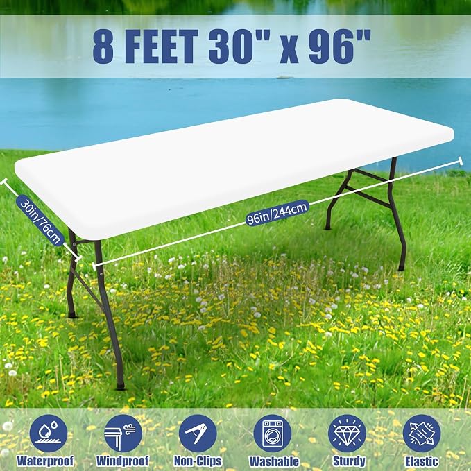 Moosfor Spandex 8 Foot Rectangle Table Cloth, Elastic Fitted Tablecloths for Picnic, Stretch Washable Patio Table Cover for Outdoor, Camping, Banquet and Parties (White, 30"x96")