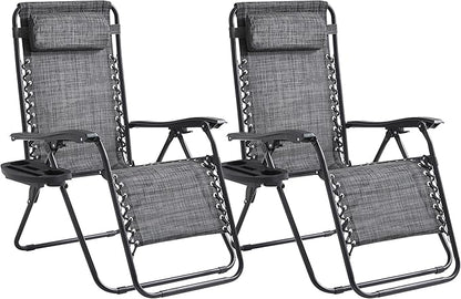 Zero Gravity Chair Set of 2 Oversized Folding Recliner, Padded Anti Gravity Lounge Chair with Adjustable Pillow & Cup Holder for Outdoor Camping, Patio, Poolside, Lawn (Gray)