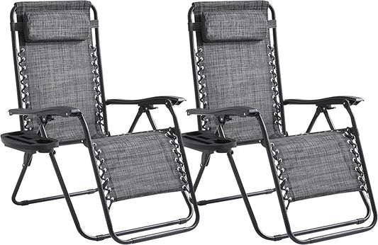 Zero Gravity Chair Set of 2 Oversized Folding Recliner, Padded Anti Gravity Lounge Chair with Adjustable Pillow & Cup Holder for Outdoor Camping, Patio, Poolside, Lawn (Gray)