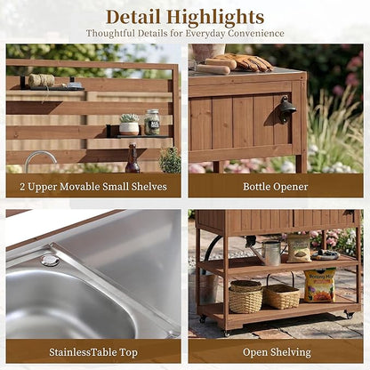 RUNNA 4-Piece Outdoor Rolling Kitchen Island with Sink w/Faucet, Solid Wood Grill Table with Storage Cabinets, Drawers, Stainless Table Top and Movable Shelves for Garden (Brown#38)