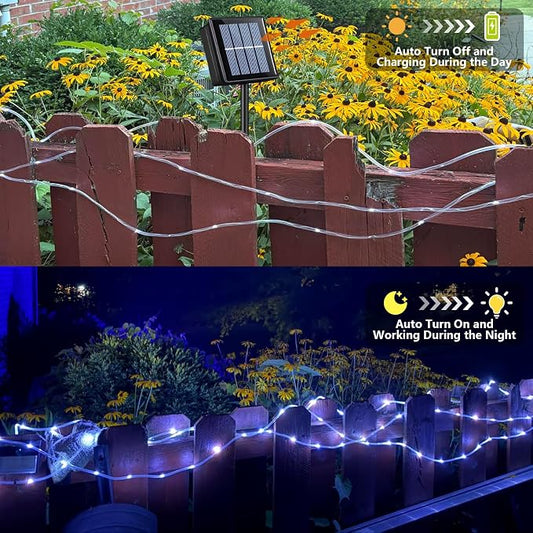YEGUO Solar Rope Lights Outdoor Waterproof, 66ft 200 LED White String Lights, 8 Modes Fairy Lights in Clear Thin Tube