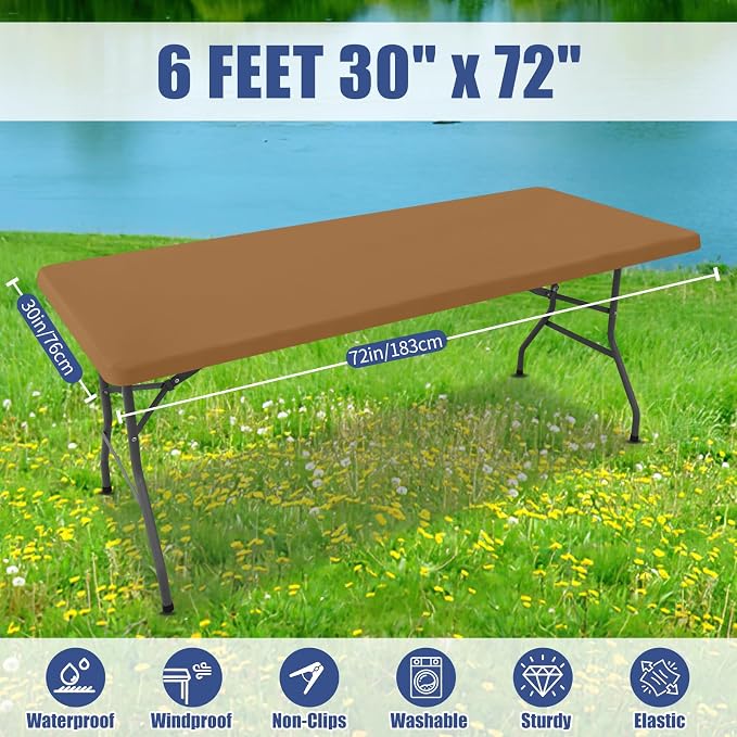 Moosfor Spandex 6 Foot Rectangle Table Cloth, Elastic Fitted Tablecloths for Picnic, Stretch Washable Patio Table Cover for Outdoor, Camping, Banquet and Parties (Brown, 30"x72")