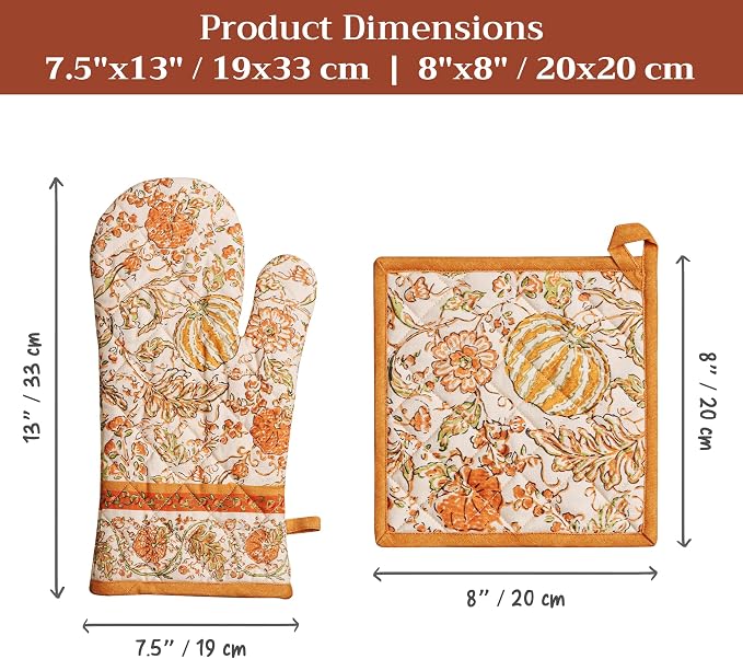 Maison d' Hermine 100% Cotton Oven Mitt & Pot Holder Set (7.5"x13" & 8"x8") | Heat Resistant BBQ Cooking Gloves with Loop Baking Grilling Kitchen Home Farmhouse Thanksgiving Christmas - Pumpkin Spice