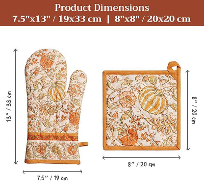 Maison d' Hermine 100% Cotton Oven Mitt & Pot Holder Set (7.5"x13" & 8"x8") | Heat Resistant BBQ Cooking Gloves with Loop Baking Grilling Kitchen Home Farmhouse Thanksgiving Christmas - Pumpkin Spice