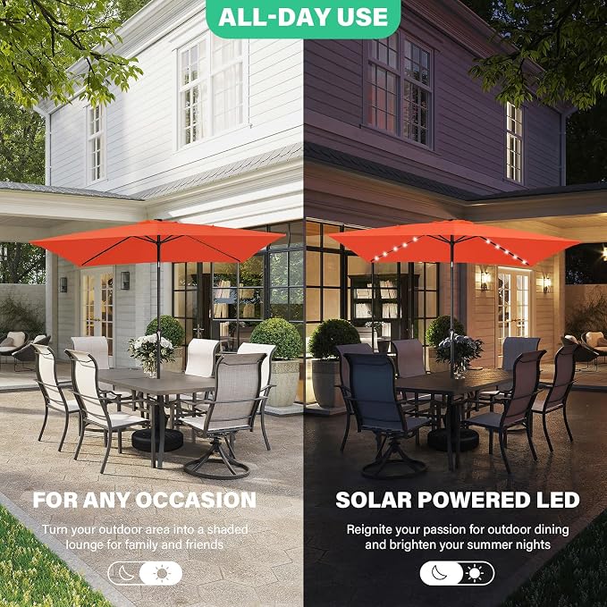 JEAREY 6.5x10' Rectangle LED Lighted Umbrella Patio Umbrella Outdoor w/Tilt | Solar Market Umbrellas with 6 Sturdy Ribs, UV Protection Waterproof Sunproof for Pool, Deck, Backyard(Orange)