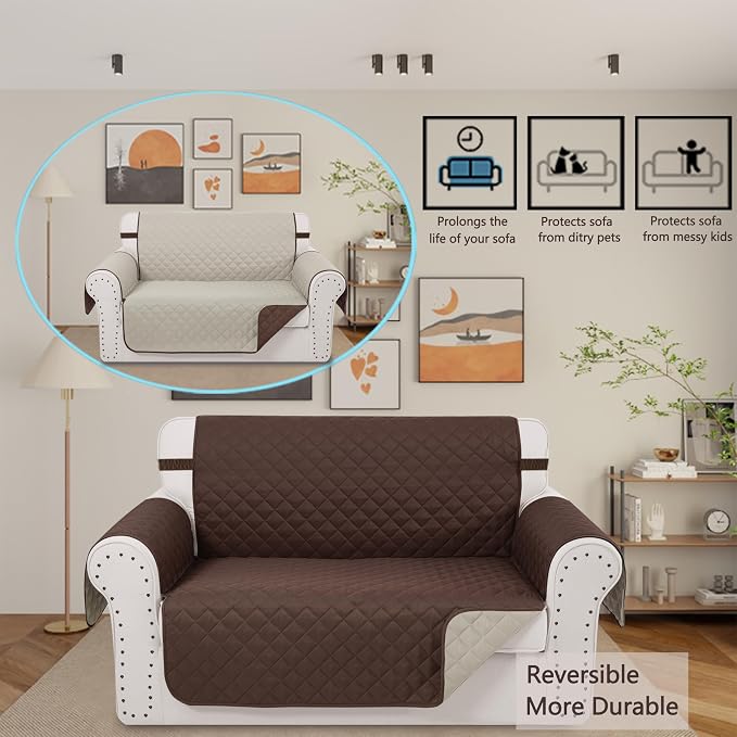 Reversible Loveseat Couch Sofa Covers, 2-Seater, Chocolate | Loveseat Covers for Dogs Water Repellent, Friendly Furniture Protector with Elastic Straps for Living Room
