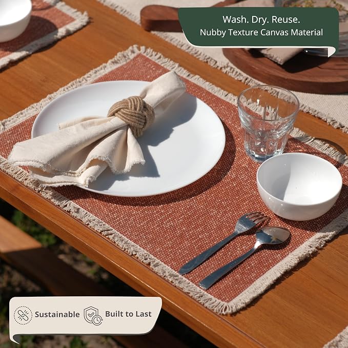 Hausattire Cotton Frayed Placemats Set of 4 Dining Table 13x19 Inch | Rustic Harvest Boho Washable Easter Placemat for Outdoor Parties BBQ's Wedding, Special Occasions, Nubby Cotton - Rust