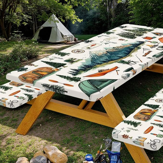 Picnic Table Cover with Bench Covers, Mountain Tent & Campfire Tablecloth, Elastic Edges, Waterproof Windproof Fitted, for Outdoor Camping Patio Garden, with Drawstring Bag, 96 Inch 3PCS