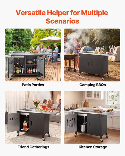 VEVOR Outdoor Grill Cart with Sink and Storage Cabinet, 52 Inch Grill Table, Waterproof Kitchen Island with Stainless Steel Top, Spice Rack, Wheel, Movable Food Prep Station for Patio Bar Backyard BBQ