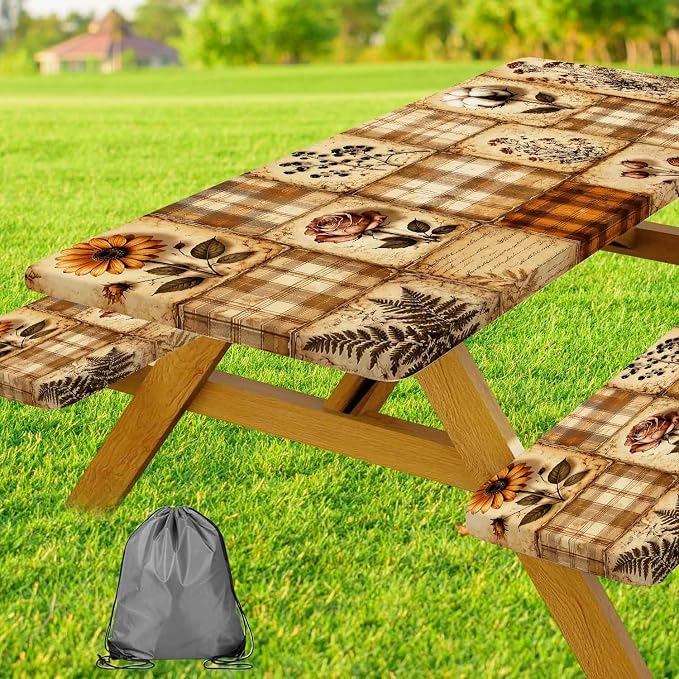 Vintage Floral Picnic Table Cover with Bench Covers, Retro Sunflower Rose Buffalo Plaid Patchwork Waterproof Fitted Tablecloth for 6 Foot Outdoor Wooden Picnic Table