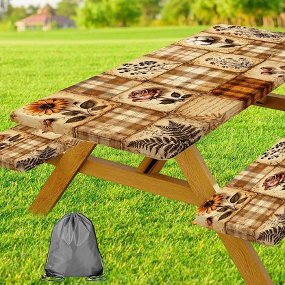 Vintage Floral Picnic Table Cover with Bench Covers, Retro Sunflower Rose Buffalo Plaid Patchwork Waterproof Fitted Tablecloth for 6 Foot Outdoor Wooden Picnic Table