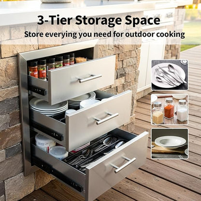 Outdoor Kitchen Drawers with Triple-Access & Handles ，18" W x 23" H x 23" D Stainless Steel Flush Mount Modular Cabinet for BBQ Islands & Patios