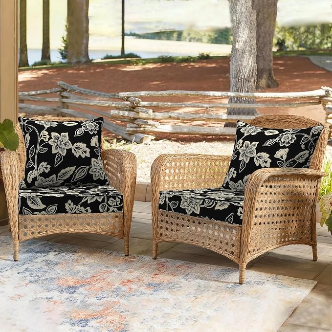 DYTXIII Outdoor Deep Seat Cushion Set, Water Repellent 24"x24" Patio Thick Cushions Replacement with Seat & Back Pillow for Patio Sofa, Wicker Chair, Couch - Vines Black