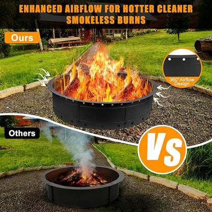 36 Inch Fire Pit Ring, Large Outdoor Campfire Pit for Patio Backyard Garden, Smokeless Steel Firepit with Air Vent for Efficient Burning & Anti-Rust Coating, Black Steel