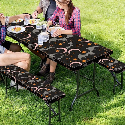 3 Piece Fitted Picnic Table Cover with Elastic Band for Camping Party Supplies Halloween Bat Moon Camping Tablecloth with Elastic Band