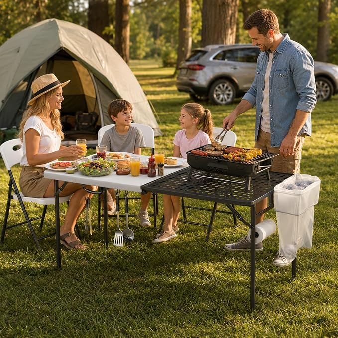 5FT Folding Table, Camping Table for Grill with Solid＆Metal Grid Grilling Surface, BBQ Prep Table Portable with Carry Handle for Party Cooking, Camping, Backyard, Beach and Patio Use