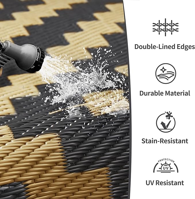 GENIMO Outdoor Rug, Waterproof Plastic Rugs 9'x12' for Camping Black Brown | Outside Larger Modern Carpet Mat for Porch Decor, Deck, Balcony, Camping, RV, Backyard, Picnic, Beach, Reversible, Foldable