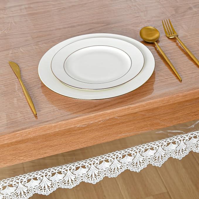 JIUZHEN Clear Vinyl Table Cover Protector, Transparent Rectangle Vinyl Table Cloth, Plastic Dining Tablecloth with White Lace Edge, Waterproof/Oil-Proof/Stain-Resistant, 60"x102"
