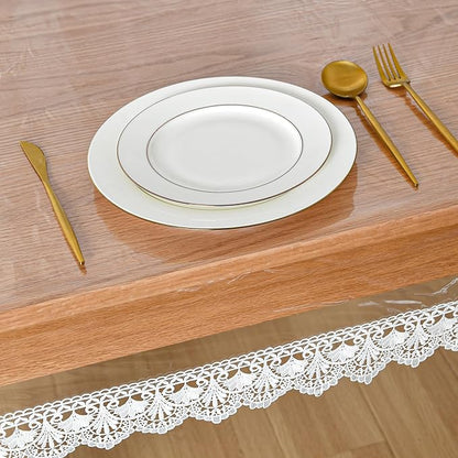 JIUZHEN Clear Vinyl Tablecloth Protector, Waterproof/Oil-Proof, Transparent Rectangle Vinyl Table Cloth, Wipe Clean, Plastic Table Cover with Lace Edge for Dining, Outdoor, 54"x120"