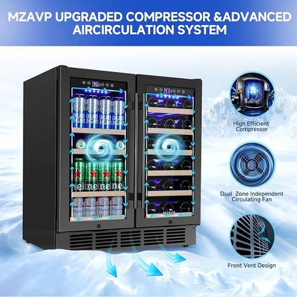 30 Inch Wine and Beverage Refrigerator, Dual Zone 30" Wine Fridge Under Counter/Freestanding, 30 Inch Wide Beverage Cooler with Glass Door, Holds 30 Bottles & 110 Cans for Home Bar Office, Black