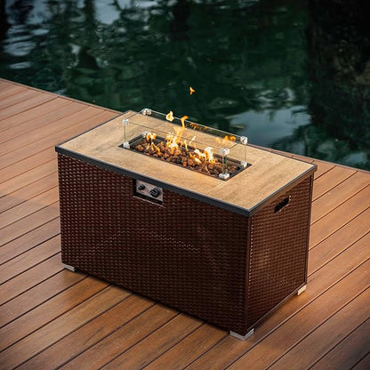 Nestl 43 Inch Fire Pit for Outdoor - 50,000 BTU Outdoor Propane Fire Pit Table with Lid, Rain Cover & Lava Rocks - Patio Fire Pit Table with Tempered Glass for Backyard Gatherings - Brown