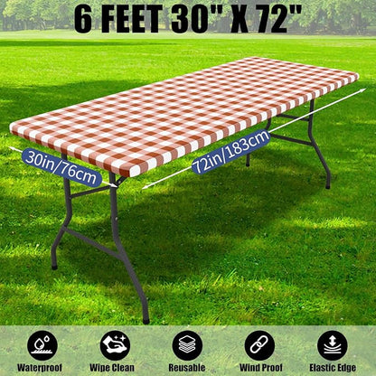 Smiry Picnic Table Cloth 2 Pack, Waterproof Elastic Fitted Tablecloths for 6FT Rectangle Tables, Washable Polyester Buffalo Plaid Tablecloth for Camping, Dining & Outdoor (Rust & White, 30" x 72")