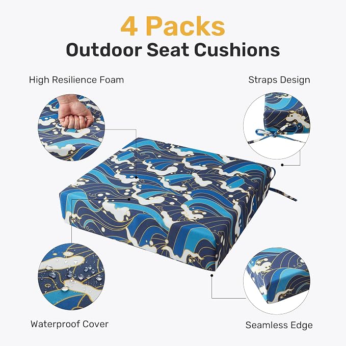 UNIKOME Outdoor Chair Cushions Pack of 4, Water Resistant Patio Cushions with Ties, High Density Sponge Filling Square Corner Seat Cushions for Outdoor Furniture, 19"*19"*3", Blue/Waves