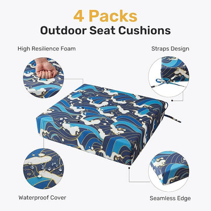 UNIKOME Outdoor Chair Cushions Pack of 4, Water Resistant Patio Cushions with Ties, High Density Sponge Filling Square Corner Seat Cushions for Outdoor Furniture, 19"*19"*3", Blue/Waves