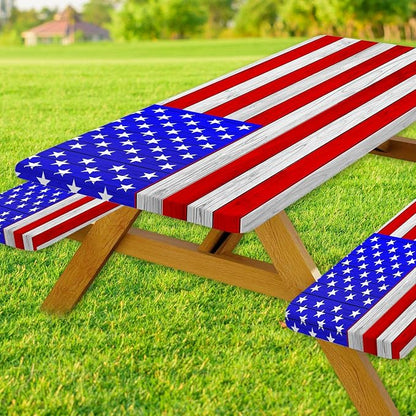 JAWO American Flag Picnic Table Cover with Bench Covers Vintage Camping RV Essentials Waterproof Windproof Fitted Outdoor Tablecloth with Elastic Rectangle Table Cloth Camping Accessories, 30x60in
