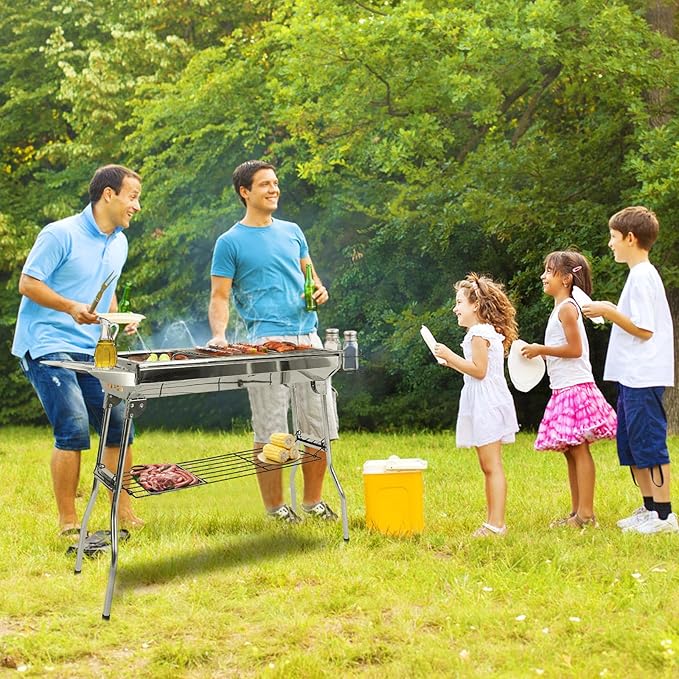 Charcoal Grills for Outdoor Cooking,Stainless Steel Folding Portable BBQ Grill Large Charcoal Grill for Garden Backyard Party Picnic Travel Outdoor Cooking Use With Non-Stick Frying Pan